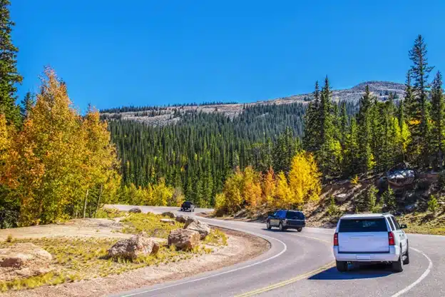 Top 5 fall road trip destinations and how to prepare your vehicle in Durango, CO with Firestone of Durango. Image of a black and white SUVs driving up a fall Colorado mountain road.