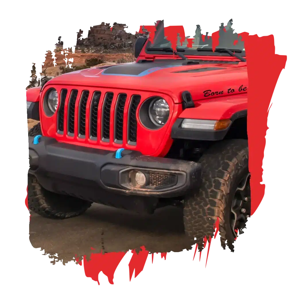 a red jeep with black stripes