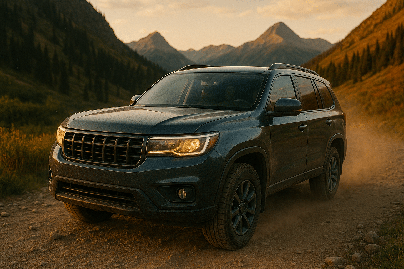 Dark SUV on a dirt road at sunset near Durango, CO, with mountains and fall foliage—symbolizing pre-trip inspection importance. Pre-Trip Inspection In Durango, CO At Firestone of Durango