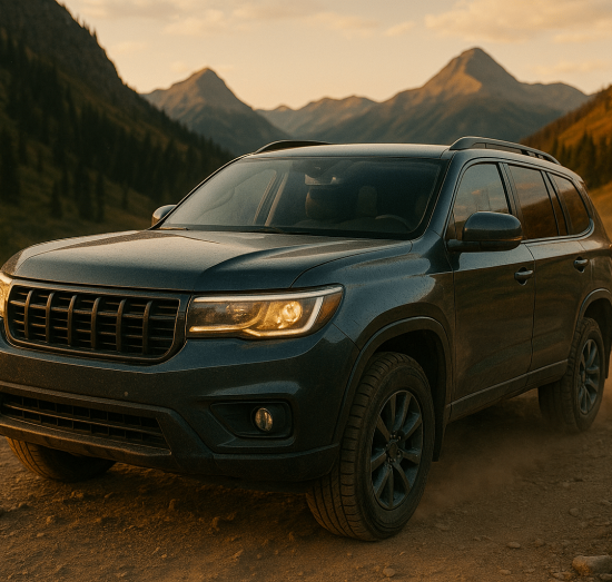 Dark SUV on a dirt road at sunset near Durango, CO, with mountains and fall foliage—symbolizing pre-trip inspection importance. Pre-Trip Inspection In Durango, CO At Firestone of Durango