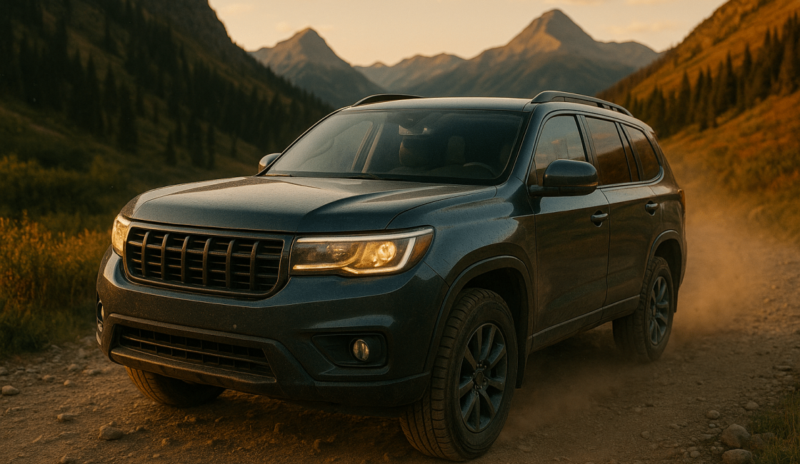 Dark SUV on a dirt road at sunset near Durango, CO, with mountains and fall foliage—symbolizing pre-trip inspection importance. Pre-Trip Inspection In Durango, CO At Firestone of Durango